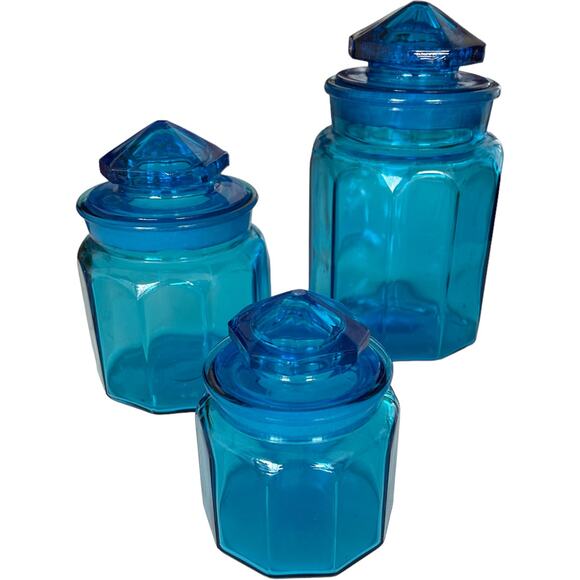Vintage MCM L.E. Smith Blue Panel Glass Kitchen Canister Apothecary Jar 3 pc Set - Picture 1 of 6